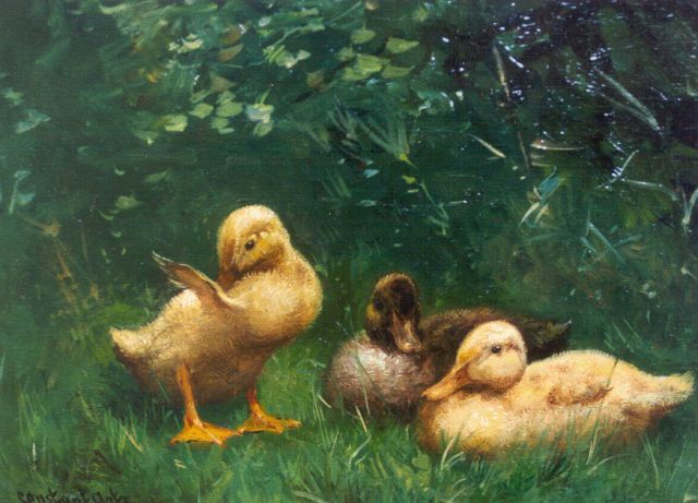 Constant Artz | Three ducklings on the riverbank, oil on panel, 19.7 x 26.8 cm, signed l.l.