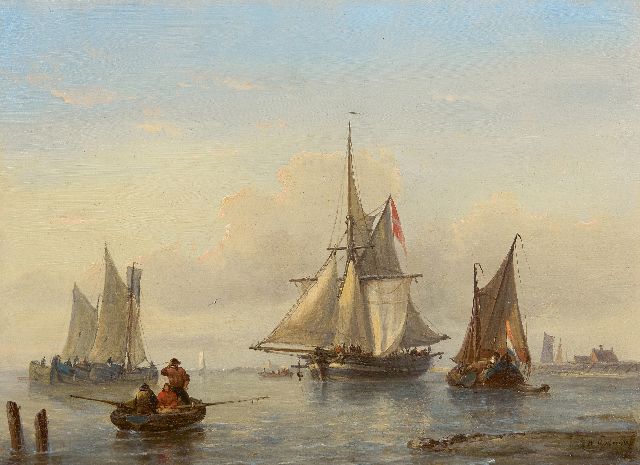 George Willem Opdenhoff | Sailing ships in a calm near the coast, oil on panel, 20.8 x 28.4 cm, signed l.r.