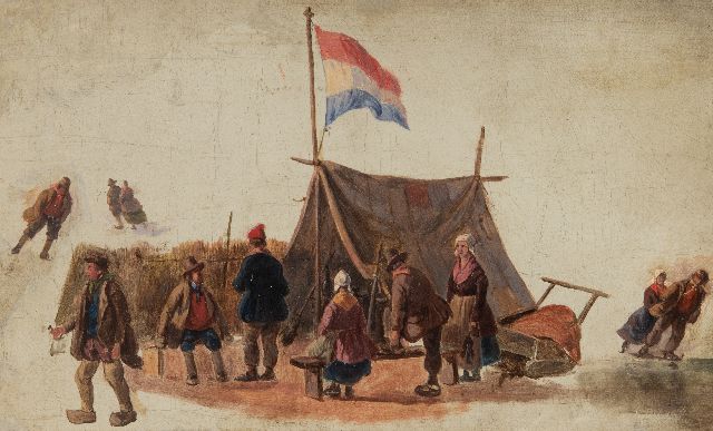 Schelfhout A.  | Skaters at a 'koek-en-zopie', oil on canvas on cardboard 13.2 x 21.1 cm