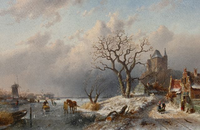 Leickert C.H.J.  | Winter landscape with skaters and land folk on a path, oil on canvas 80.0 x 120.8 cm, signed l.l.