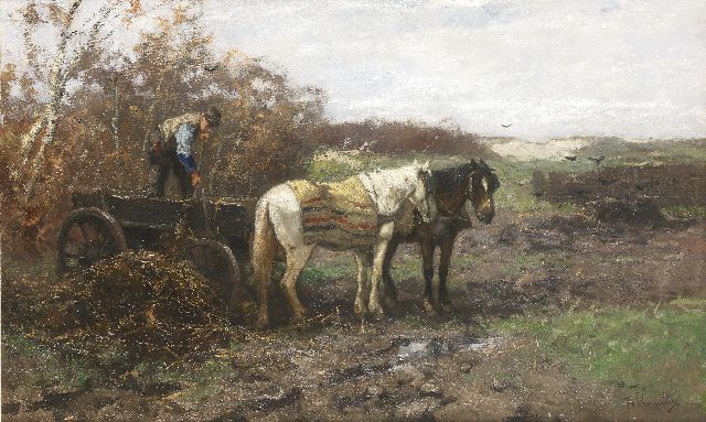 Johan Frederik Cornelis Scherrewitz | Unloading the cart in the dunes, oil on canvas, 52.2 x 85.5 cm, signed l.r.