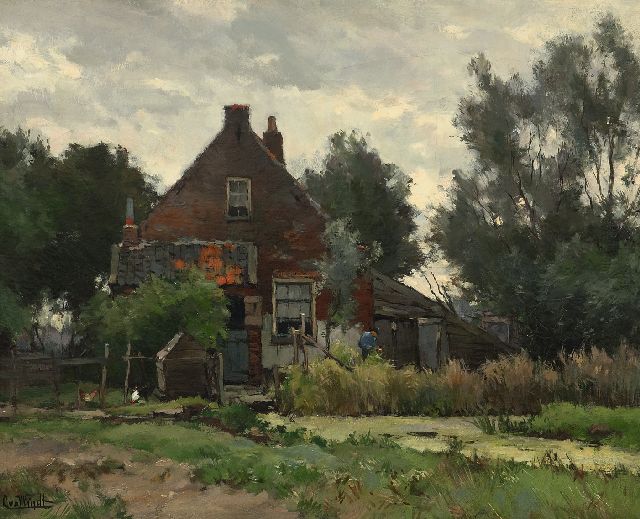 Windt Ch. van der | Farmyard with a farmer and his chickens, oil on canvas 40.2 x 50.2 cm, signed l.l.