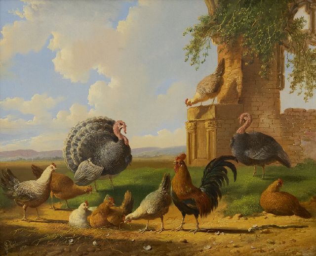 Albertus Verhoesen | Turkeys and chicken in a landscape, oil on panel, 30.5 x 37.6 cm, signed l.l. and painted 1870