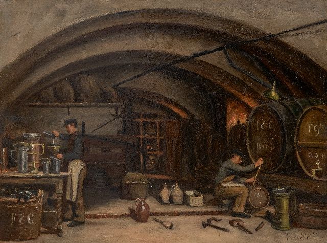 Vlis J.F. van der | A view in the cellar of wine merchant Finjé & Co. in Utrecht, oil on panel 39.3 x 50.1 cm, signed l.r. and painted ca 1910-1920, without frame