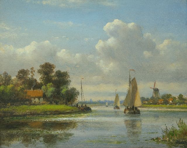 Lodewijk Johannes Kleijn | Shipping on a river, in summer, oil on panel, 16.9 x 20.9 cm