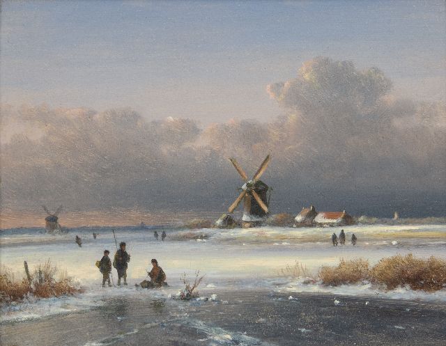 Lodewijk Johannes Kleijn | Winter landscape with fishermen on the ice, oil on panel, 15.6 x 19.9 cm