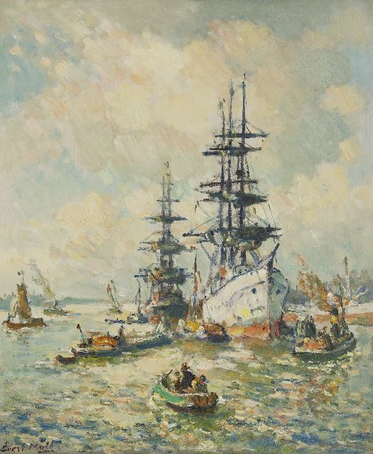 Moll E.  | Three-masters in the Rotterdam harbour, oil on canvas 60.2 x 50.2 cm, signed l.l.