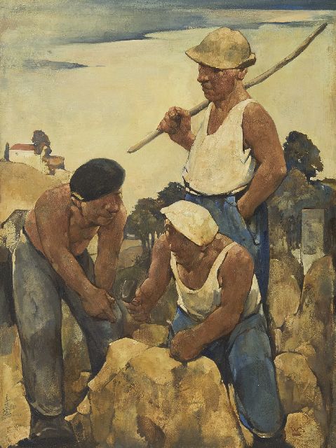 Willem van den Berg | Stone masons, oil on painter's board, 39.9 x 30.0 cm, signed l.r. with initial