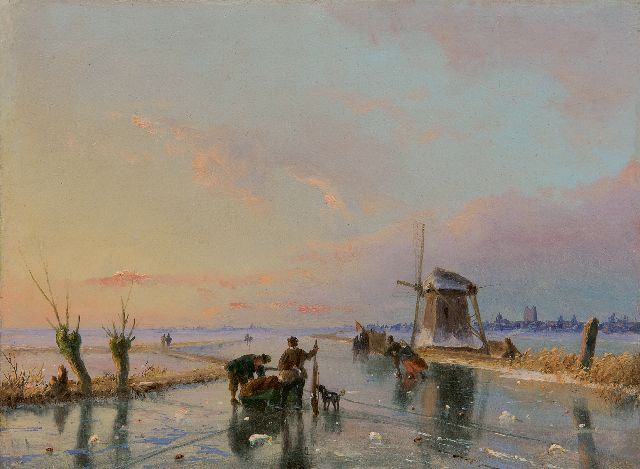 Nicolaas Roosenboom | Skaters and a sledge in an extensive winter landscape, oil on panel, 16.3 x 21.9 cm