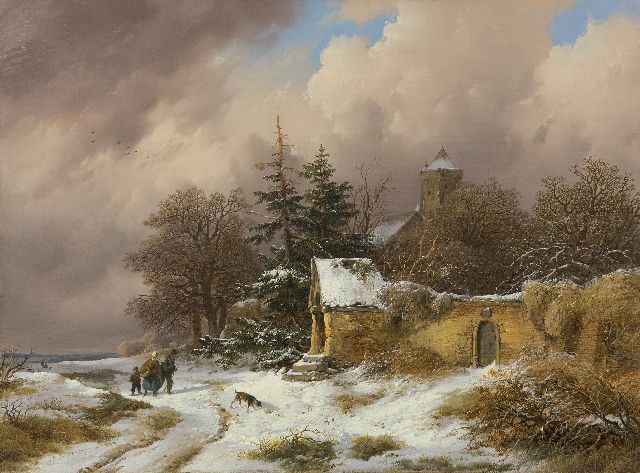 Haanen R.A.  | A winter landscape with land folk on a path, oil on canvas 36.3 x 49.3 cm, signed l.l. and dated 1849