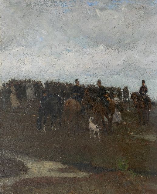 Nicolaas van der Waay | Cavalrymen and elegant women in a landscape, oil on canvas laid down on panel, 70.5 x 58.0 cm, painted ca. 1905