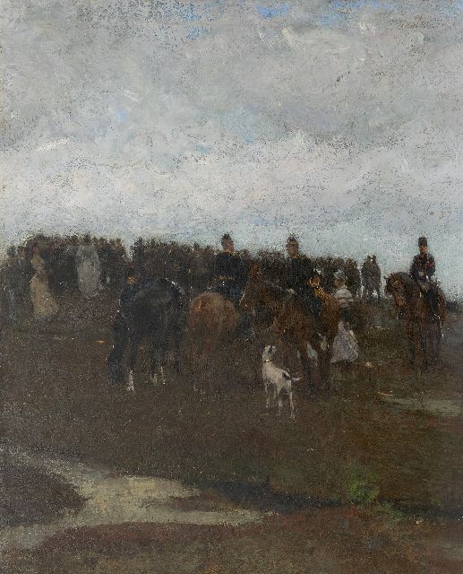 Waay N. van der | Cavalrymen and elegant women in a landscape, oil on canvas laid down on panel 70.5 x 58.0 cm, painted ca. 1905