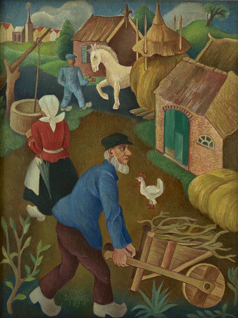 Schrikkel J.L.  | Activity on the farm, oil on canvas laid down on panel 35.5 x 27.1 cm, signed l.l. and dated 1936