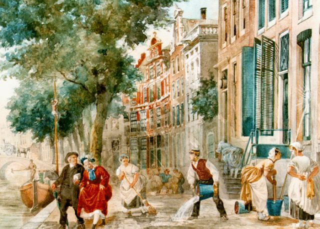 Jan Jacob Zuidema Broos | Daily activities in a Dutch town, watercolour on paper, 31.2 x 40.0 cm, signed l.l.