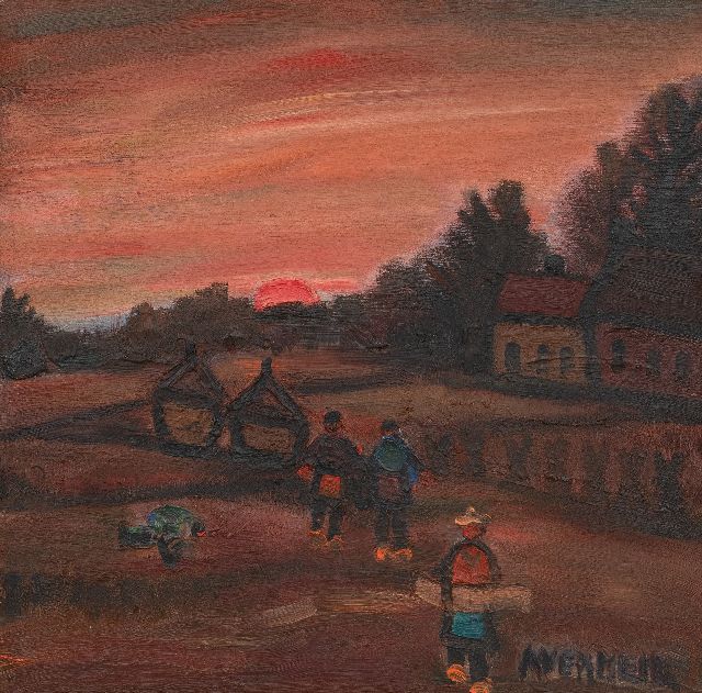 Alfons Vermeir | Landscape with farmers, oil on painter's board, 60.0 x 60.0 cm, signed l.r.