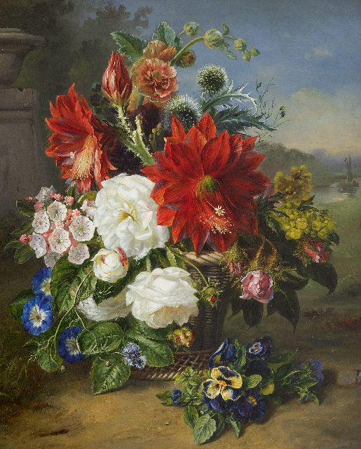 Hélène Hamburger | Flower still life in a reed basket, oil on panel, 52.0 x 43.5 cm