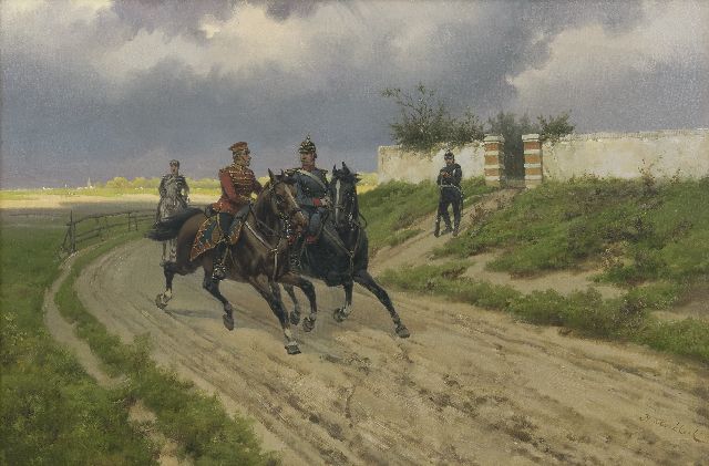 Koekkoek H.W.  | Prussian cavalrymen on horseback, oil on canvas 40.3 x 60.4 cm, signed l.r. and painted in 1890