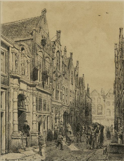 Cornelis Springer | The  Vriesestraat in Dordrecht with the entrance of the Gemeenteschool, charcoal on paper, 50.7 x 39.6 cm, signed l.l. and dated 1 Nov. '82