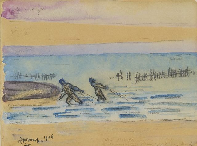 Jan Toorop | Prawn fishers, Zeeland, black chalk and watercolour on paper, 11.4 x 15.1 cm, signed l.l. and dated 1916