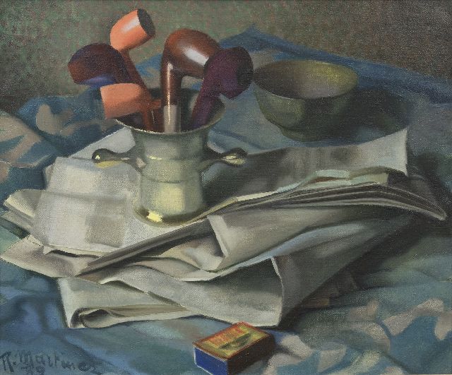 Raoul Martinez | Still life with mortar, pipes and a newspaper, oil on canvas, 46.2 x 55.3 cm, signed l.l. and dated '39