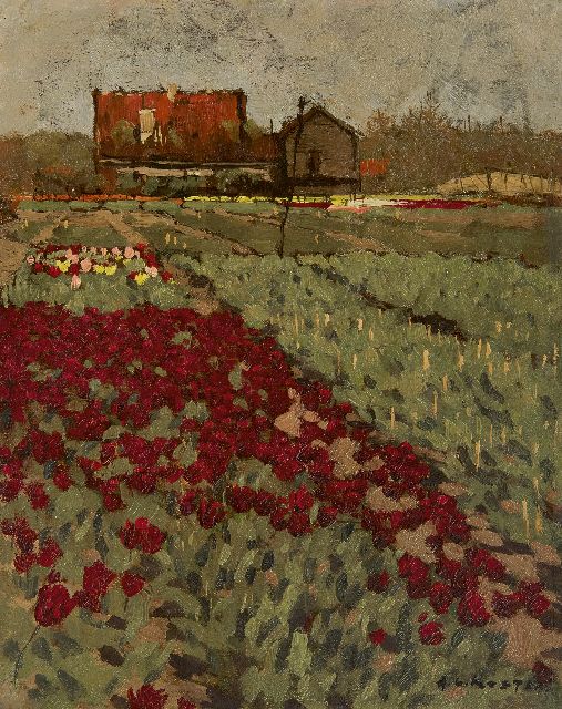 Koster A.L.  | A field of tulips, oil on canvas laid down on board 30.5 x 24.5 cm, signed l.r.