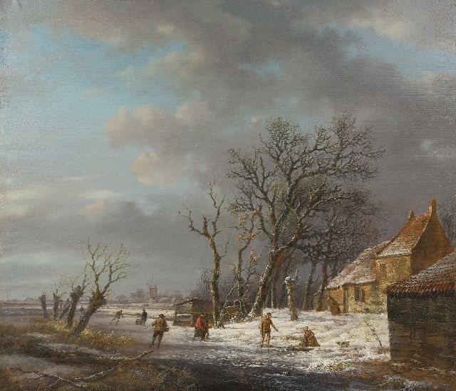 Schelfhout A.  | Winter landscape with skaters and a washerwoman at an ice hole, oil on panel 37.0 x 43.1 cm, signed l.l. and painted ca. 1820