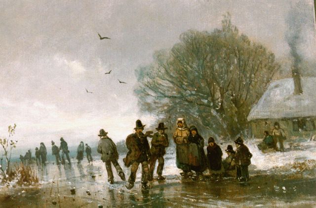 Stademann A.  | Skaters on a frozen waterway, oil on canvas laid down on panel 33.5 x 46.2 cm, signed l.l.