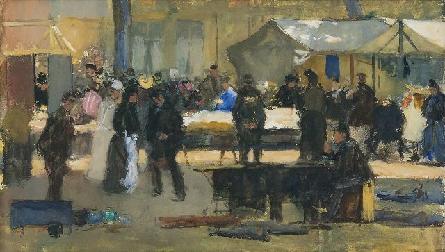 Arntzenius P.F.N.J.  | Fabric market in The Hague, gouache on paper 29.1 x 49.3 cm, signed l.l.