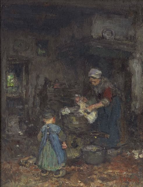 Briët A.H.C.  | A farm interior with mother and child, oil on board laid down on panel 29.1 x 22.6 cm, signed l.r.