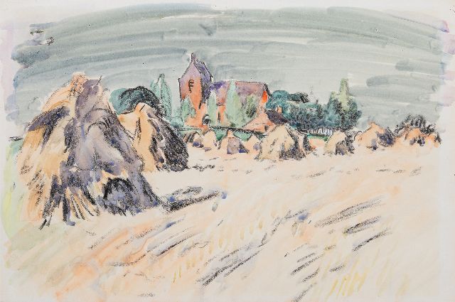 Altink J.  | A summer landscape with the church of Oostum, chalk and watercolour on paper 41.2 x 59.7 cm