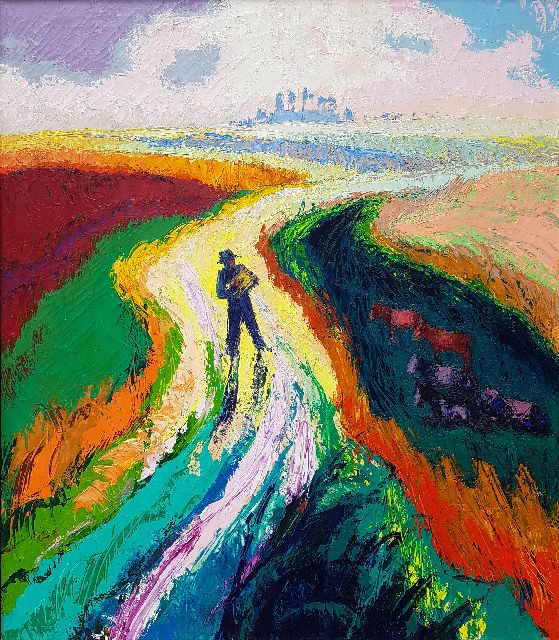 Jannes de Vries | A man on a country road, oil on canvas, 80.5 x 70.2 cm