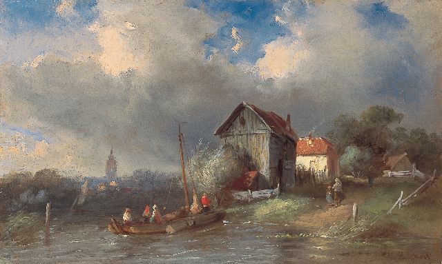 Leickert C.H.J.  | The ferry, oil on panel 15.3 x 25.5 cm, signed l.r.