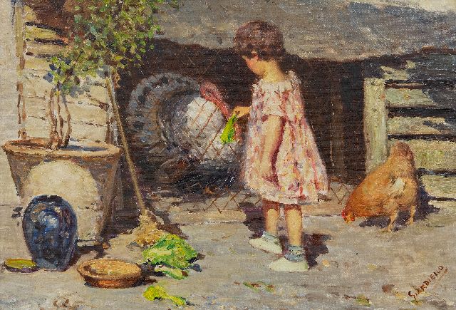 Giuseppe Giardiello | Girl with a turkey, oil on canvas, 34.5 x 50.5 cm, signed l.r.
