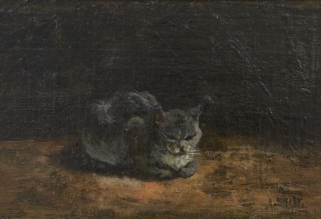 Arthur Briët | Sleeping grey cat, oil on canvas laid down on panel, 13.0 x 20.8 cm, signed l.r.