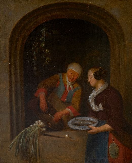 Noord-Nederlandse School, begin 18e eeuw   | The herringseller, oil on panel 49.2 x 41.7 cm