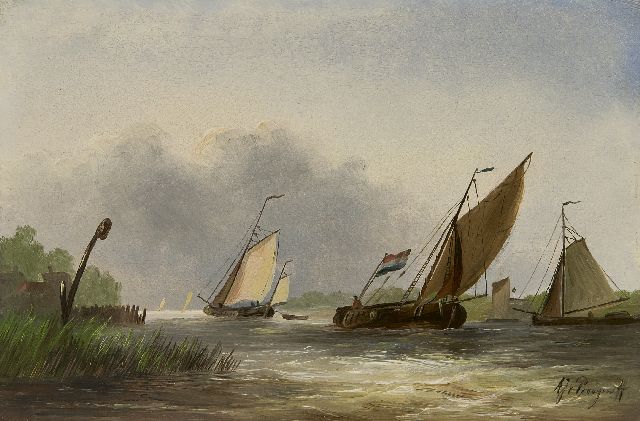 Albert Jurardus van Prooijen | Sailing ships in a strong breeze, oil on panel, 17.5 x 26.4 cm, signed l.r.