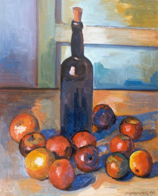 Wiegman M.J.M.  | A still life with bottles and apples, oil on canvas 61.0 x 50.0 cm, signed l.r.