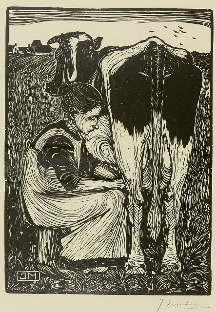 Mankes J.  | Peasant woman milking a cow, woodcut on paper 22.0 x 16.0 cm, signed l.r. (in pencil) and executed in 1914