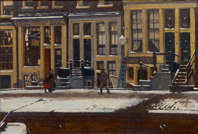 Witsen W.A.  | The Oude Waal in winter, Amsterdam, oil on panel 30.3 x 44.3 cm, signed l.r. and painted ca. 1912