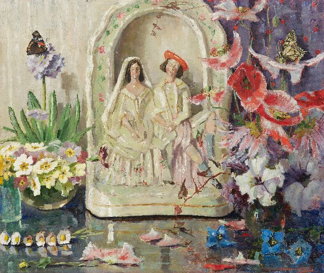 Dam van Isselt L. van | Still life with flowers, butterflies and wedding figurine, oil on panel 45.2 x 53.2 cm, signed r.u.