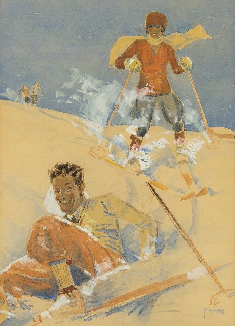 Bernard van Vlijmen | Ski fun, watercolour on paper, 47.6 x 34.0 cm, signed l.r. and dated 1928