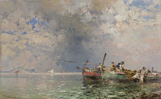 Unterberger F.R.  | Fishermen in the bay of Palermo, oil on panel 30.0 x 60.2 cm, signed l.l.