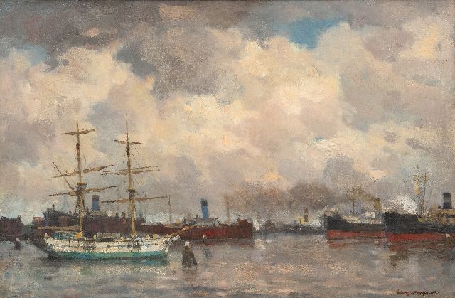 Langeveld F.A.  | Rotterdam harbour view seen from the Handelskade, oil on canvas 40.3 x 60.7 cm, signed l.r. and on the reverse