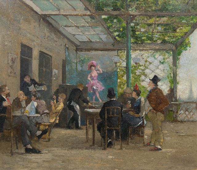 Bloos R.W.  | Dance entertainment in the beer garden, oil on panel 36.4 x 42.6 cm, resten van signatuur r.o.