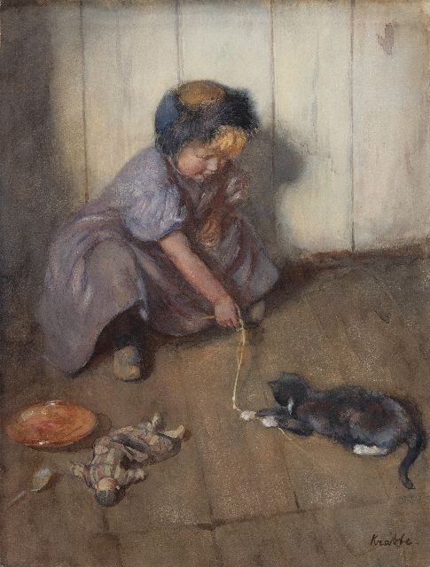 Krabbé H.M.  | Playing with the cat, watercolour on paper 47.5 x 36.0 cm, signed l.r. and painted 1906-1916