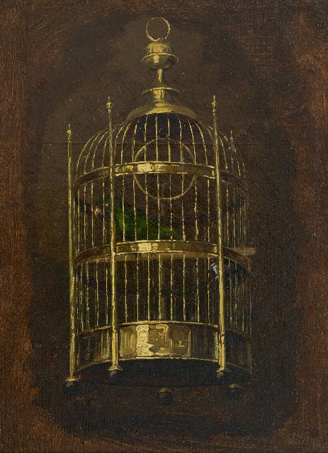 Savrij H.  | The parrot cage, oil on canvas laid down on panel 22.1 x 16.1 cm, signed l.r.