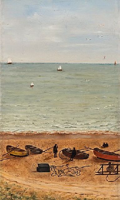 Onbekend | Beach scene, oil on canvas, 32.7 x 19.2 cm, signed l.l. with initials