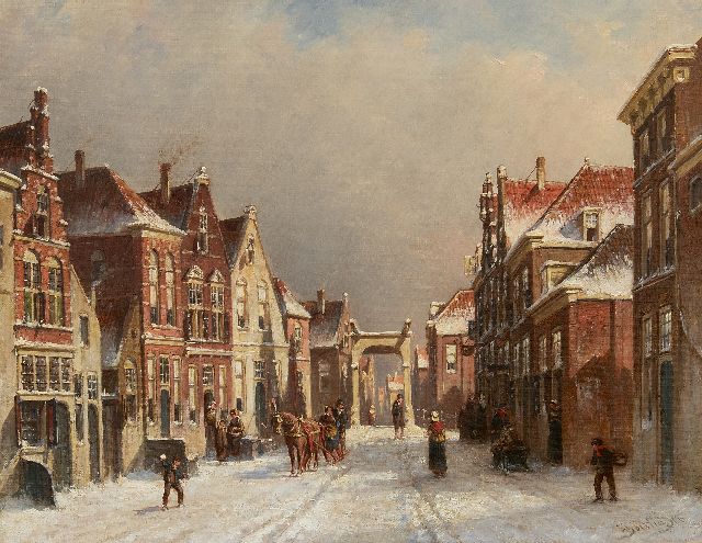 Petrus Gerardus Vertin | A snowy street with a drawbridge (possibly Edam), oil on canvas, 36.3 x 45.5 cm, signed l.r. and dated '86