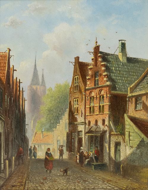 Johannes Franciscus Spohler | A sunlit Dutch street, oil on panel, 18.9 x 14.9 cm, signed l.r.