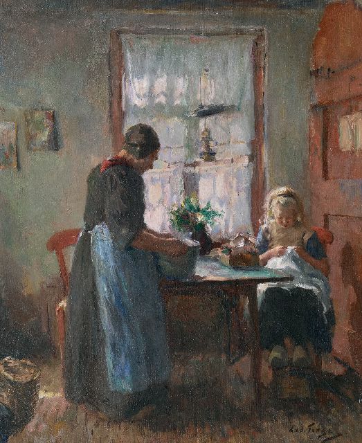 Tonge L.L. van der | Girl at her needelwork in farmhouse interior in Laren, oil on canvas 54.3 x 45.2 cm, signed l.r.